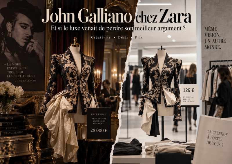 John Galliano chez Zara, comparaison entre création de luxe et mode accessible à travers deux vestes couture inspirées