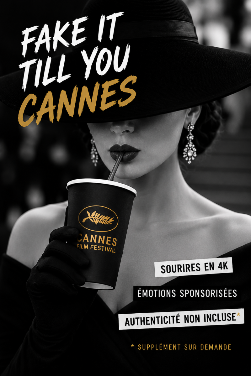 Portrait mode noir et blanc d’une femme élégante au chapeau oversized dans un style glamour cynique inspiré du Festival de Cannes et du paraître contemporain