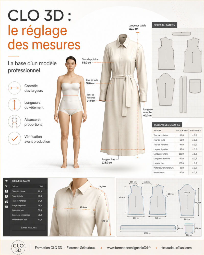 interface CLO 3D avec patron 2D et robe 3D prête pour la production