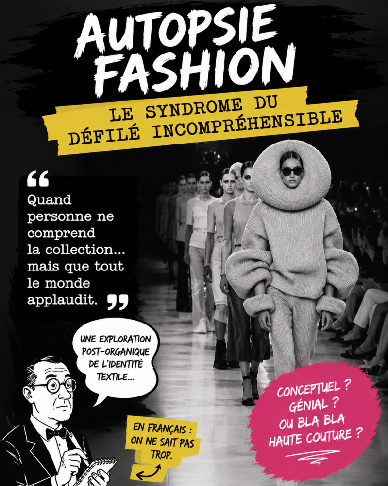 Visuel humoristique Autopsie Fashion montrant un défilé conceptuel en noir et blanc, une silhouette exagérée, des annotations sarcastiques et une critique du storytelling abscons dans la mode.