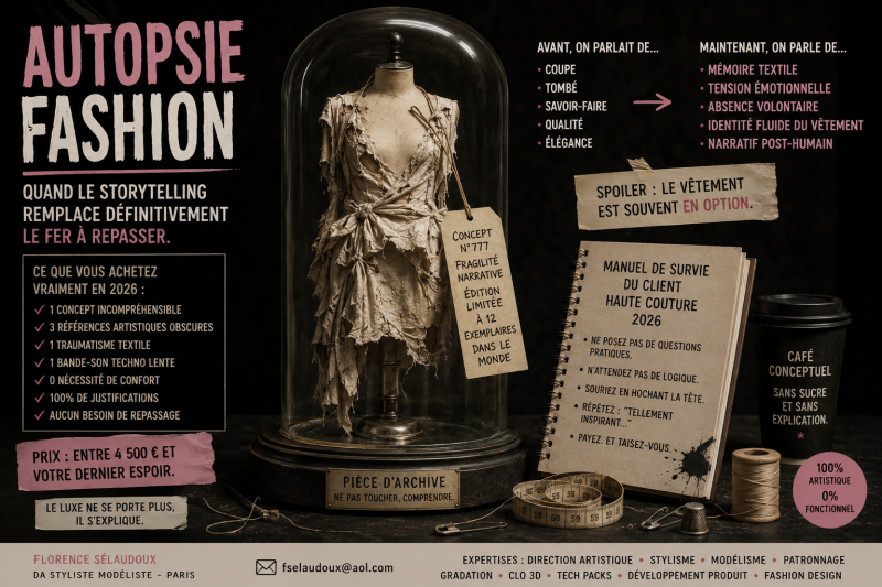 Visuel humoristique Fashion Autopsie montrant une robe froissée exposée sous cloche comme une œuvre d’art, accompagnée de commentaires sarcastiques sur le storytelling, la déconstruction textile et les tendances du luxe conceptuel en 2026.