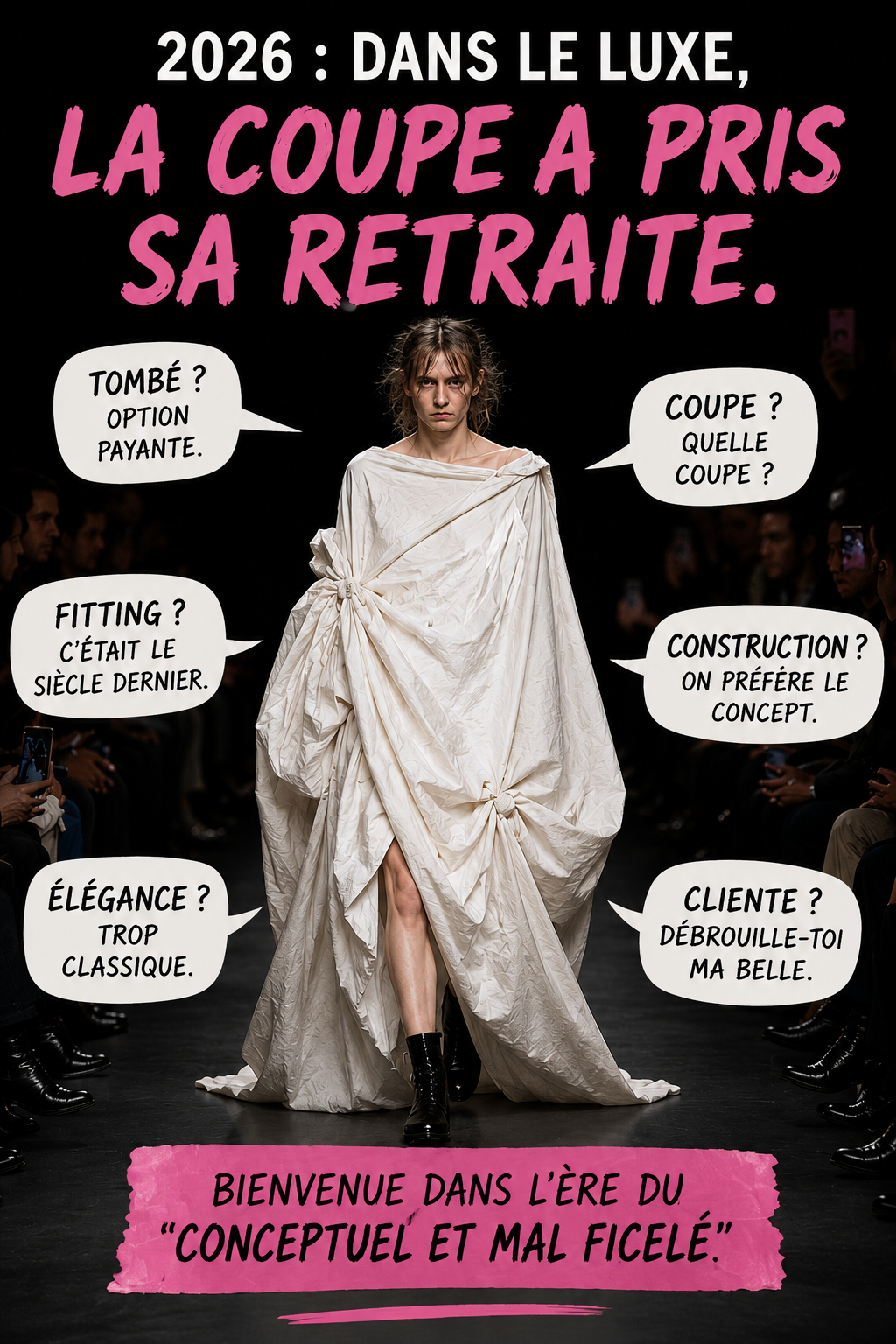 Visuel mode sarcastique sur le luxe 2026 montrant un mannequin défilant dans une robe drapée blanche oversize avec slogans humoristiques sur le fitting, la coupe et la mode conceptuelle contemporaine.