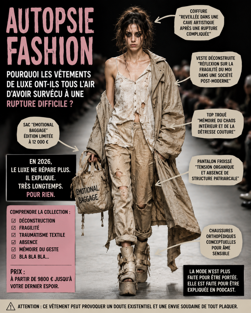 Affiche satirique Fashion Autopsie représentant un mannequin défilant dans une tenue de luxe déchirée et froissée avec annotations humoristiques sur la mode conceptuelle, le storytelling excessif et les tendances dépressives du luxe contemporain.