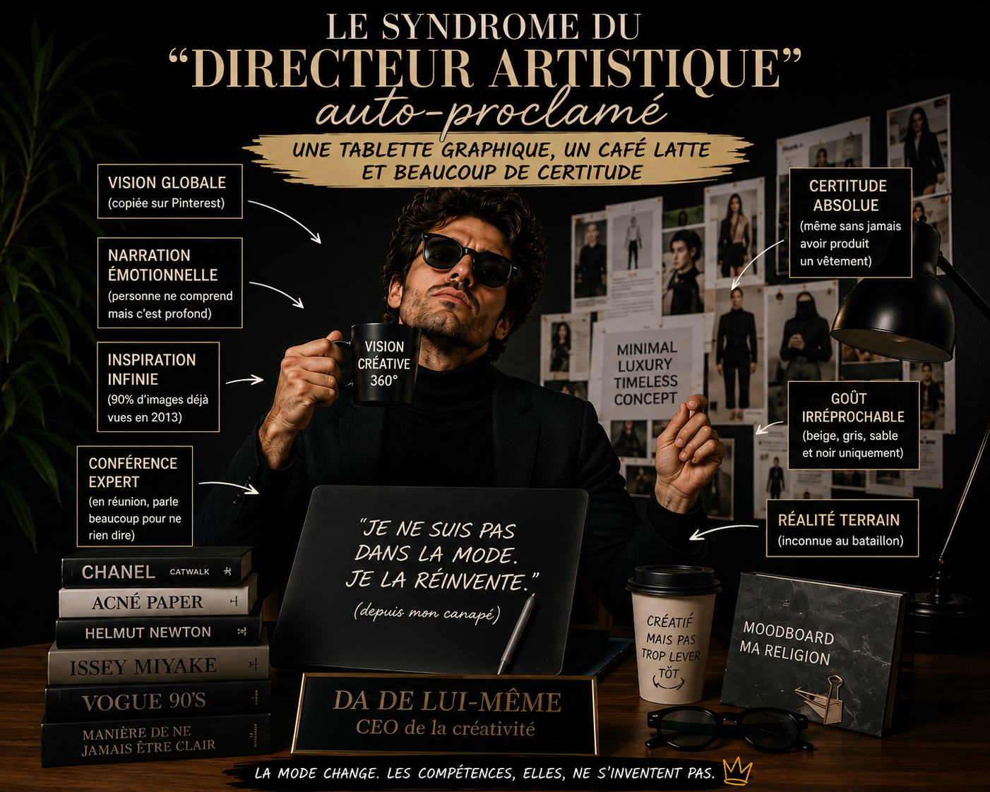 Visuel satirique mode représentant un directeur artistique auto-proclamé dans un univers luxe minimaliste avec café latte, moodboards, références mode et humour sarcastique sur les faux experts créatifs de l’industrie fashion
