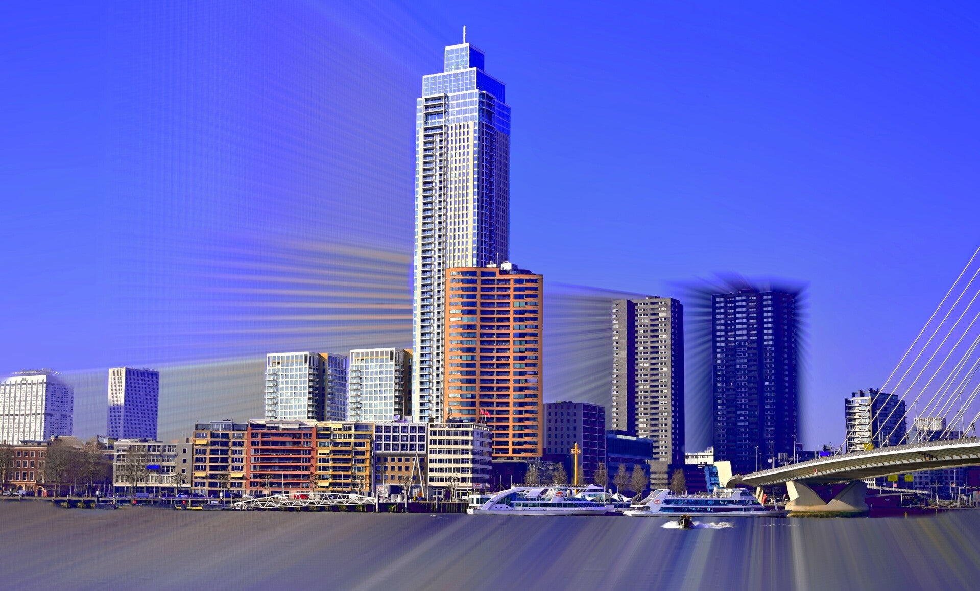 Bewerkte foto met stralen van hoge skyline rotterdam