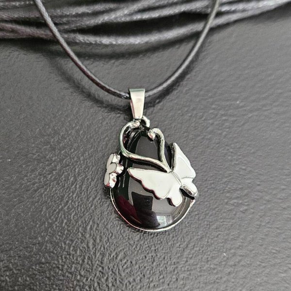 Edelsteen met Leren ketting Obsidiaan vlinder druppel hanger