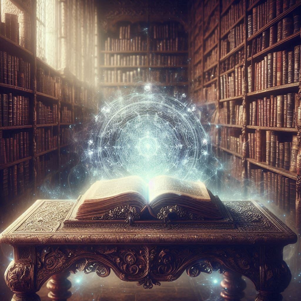 AI created picture of a library covered in shevles of old books. There is sunlight shining through a high window on the right. In the room is an antique table with an old book opened, a light of energy, orb like, is shinging above the book.