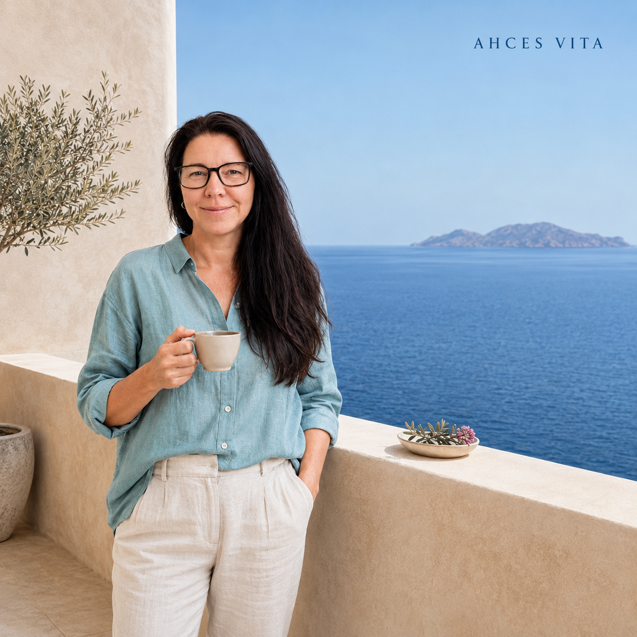 Michaela Molls, Coach und Gründerin von AHCES, auf einer mediterranen Terrasse am Meer