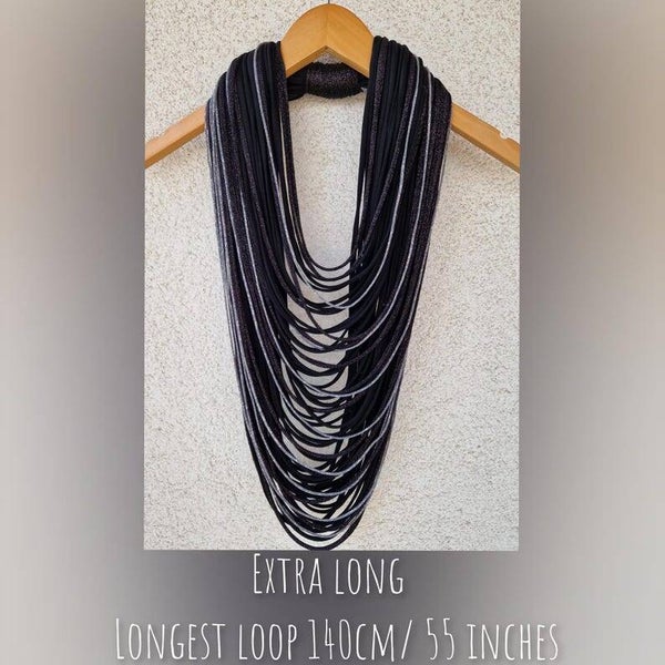 Black&Silver Textille Scarf Necklace Extra Long