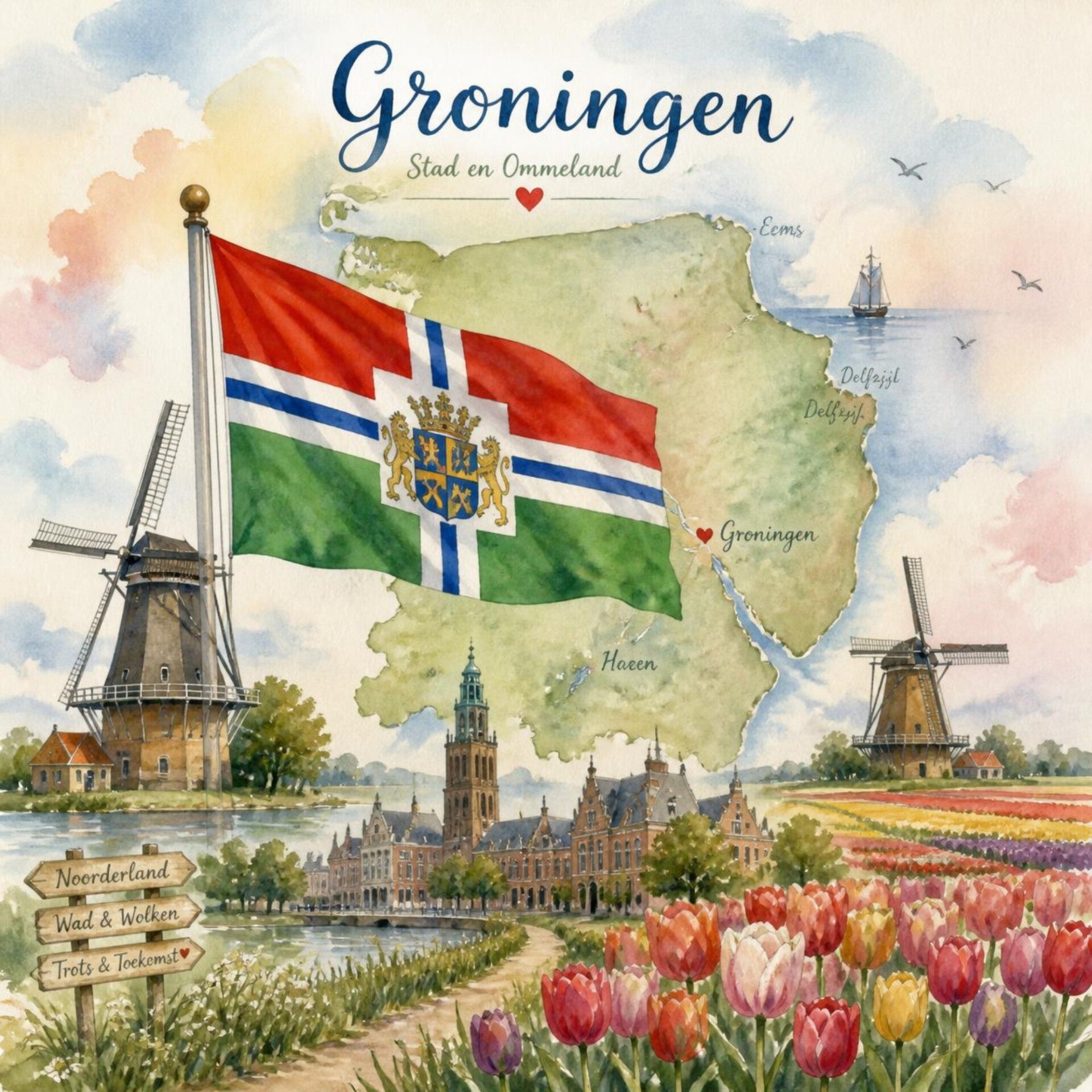 Afbeelding: Allerlei afbeeldingen die met de provincie Groningen te maken hebben, o.a. de Groningse vlag, molens, tulpen en de Martinitoren. 