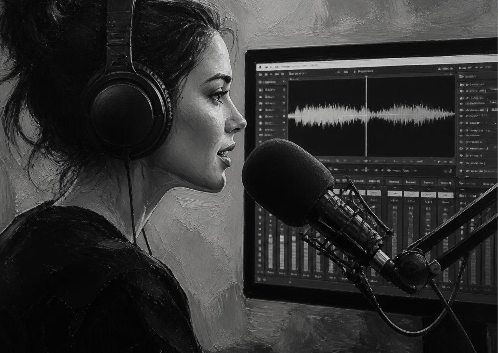 Afbeelding: Vrouw in opnamestudio die in een mircrofoon spreekt.