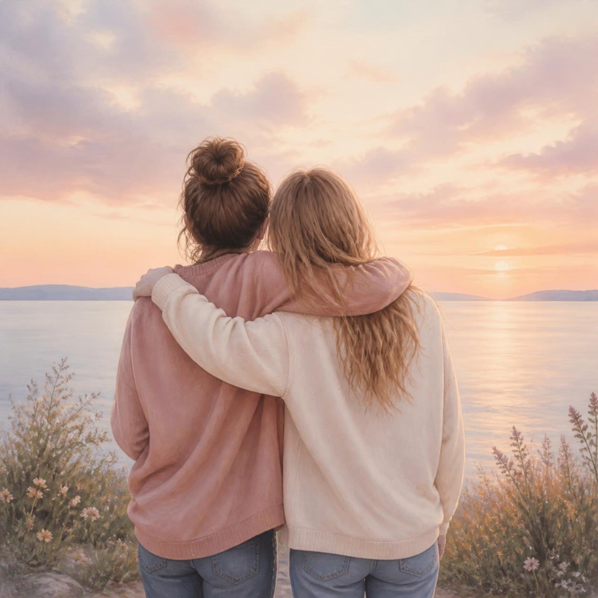 Afbeelding: Twee vrouwen, van de achterkant gezien, kijken naar een warme zonnegloed aan de horizon.