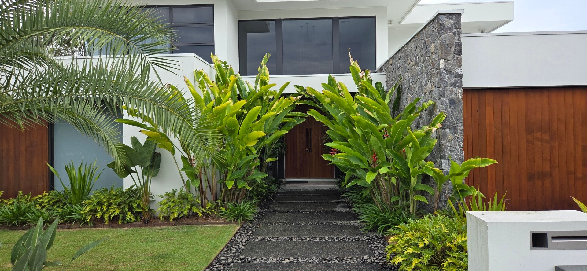 Landscaped tropical entrance maintained by Scorpius Scapes on the Gold Coast