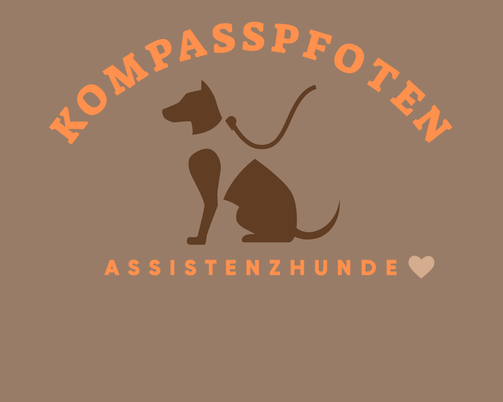 zu sehen ist ein Logo. Oben der Schriftzug "Kompasspfoten", darunter ist die Silouhette eines sitzenden Hundes von der Seite an der Leine und daruunter der Schriftzg "Assistenzhunde. Die Schrift ist orange und der Hund und Hintergrund in Brauntönen.r 
