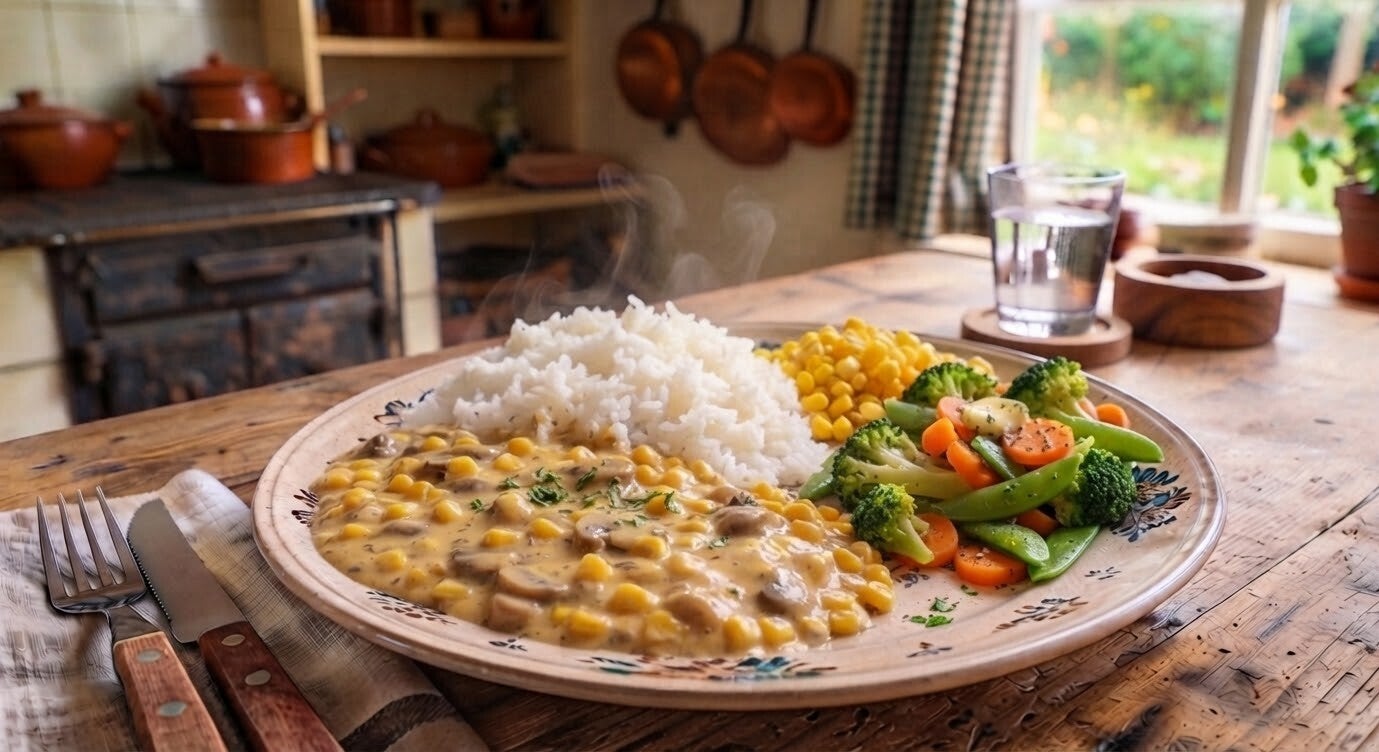 Donderdag 10 september - Rijst met champignonragout, mais en gestoomde groenten