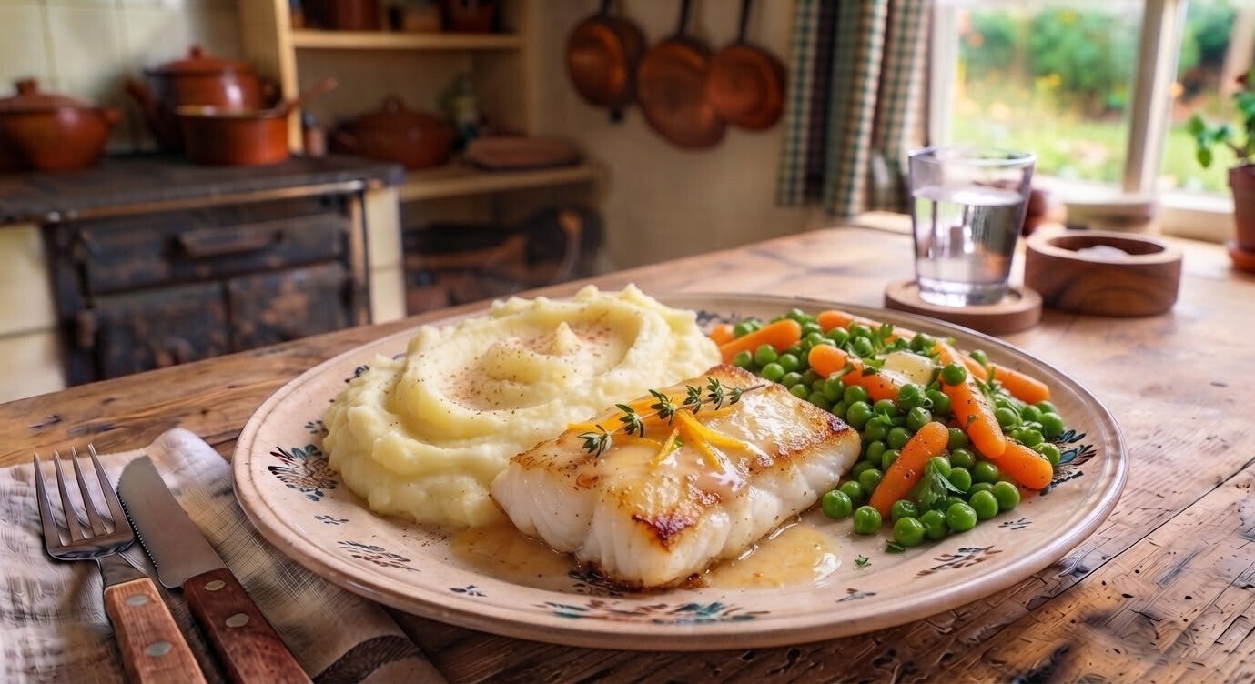 Vrijdag 11 september - Aardappelpuree, witvis met sinaasappelsaus, doperwten en worteltjes
