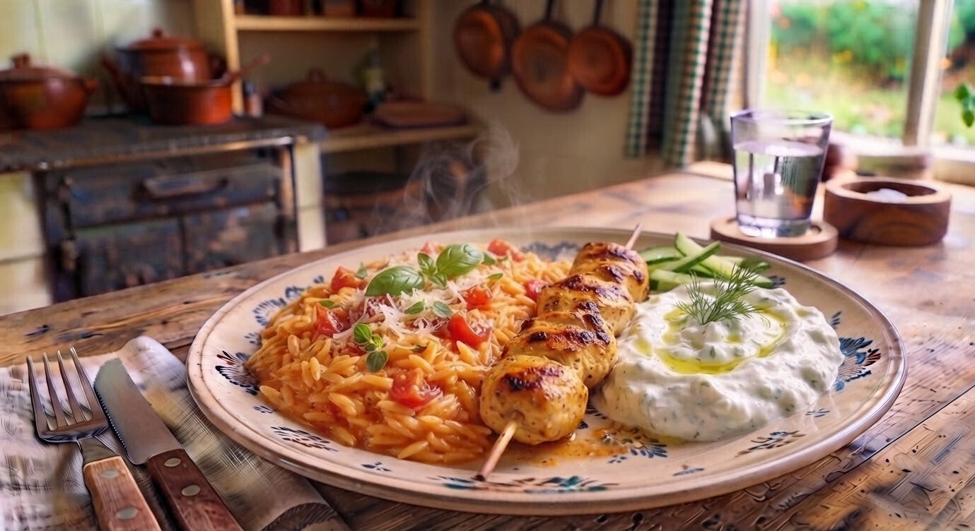 Dinsdag 8 september - Tomatenorzo, kipspies, tzatziki