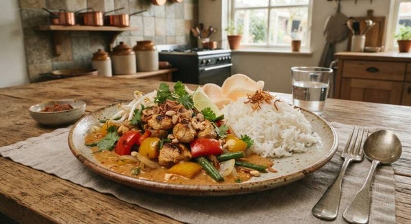 Zondag 20 september - Kipdijfilet met pindasaus, groenten en rijst