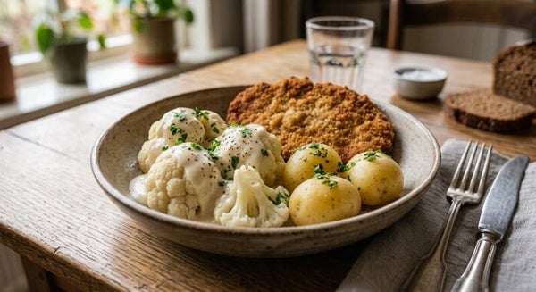 Woensdag 21 oktober - Bloemkool met witte saus, gekookte aardappels, kipschnitzel