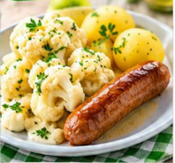 Dinsdag 6 oktober - Bloemkool met kaassaus, gekookte aardappels, saucijs