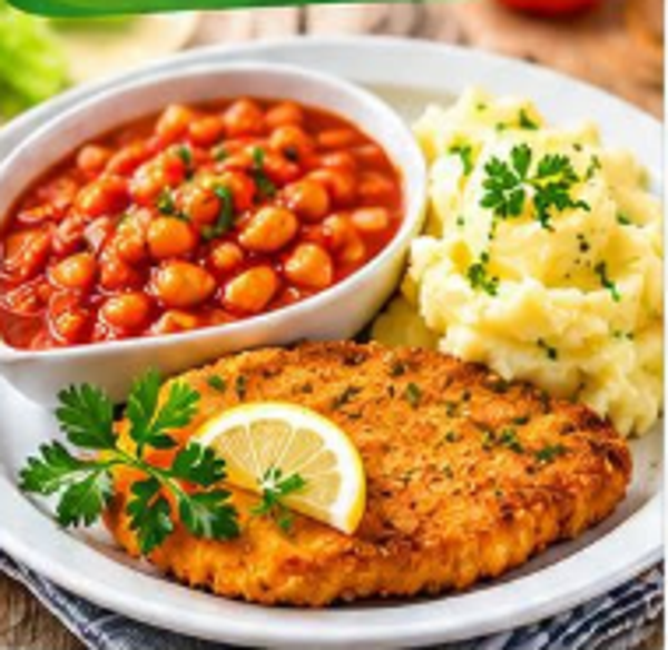 Zaterdag 10 oktober - Witte bonen in tomatensaus, aardappelpuree, kipschnitzel