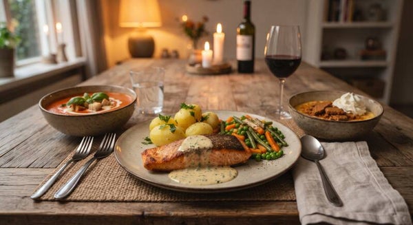 Zaterdag 31 oktober - Zalmfilet, kruidenroomsaus, krieltjes en gemengde groenten 3-gangen menu