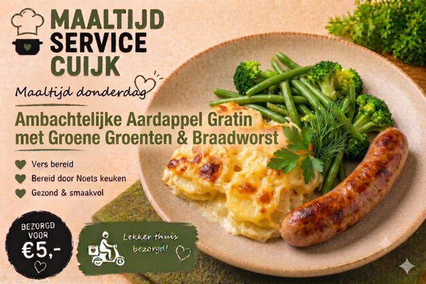 Donderdag 16 Juli Aardappelgratin, groene groenten en braadworst