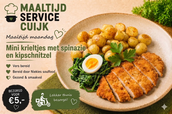 Maandag 13 Juli Mini krieltjes met spinazie en kipschnitzel