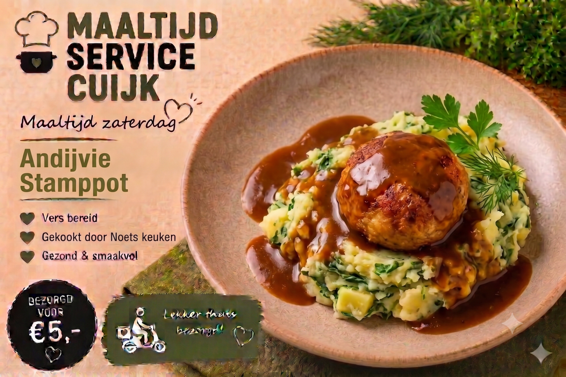 Zaterdag 18 Juli Andijviestamppot met gehaktbal en jus