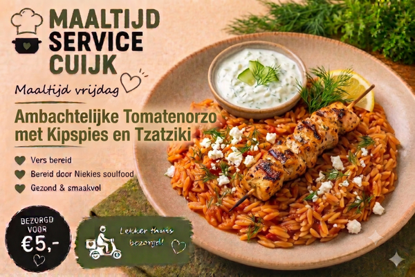 Vrijdag 17 Juli Tomaten orzo met kipspies en tzatziki