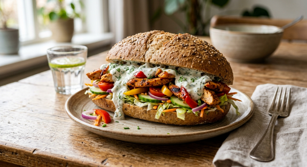 Zo 26 Jul / Maaltijdbroodje met  paprika kip reepjes  rauwkost en saus