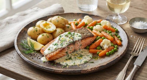 Zaterdag 31 oktober - Zalmfilet, kruidenroomsaus, krieltjes en gemengde groenten