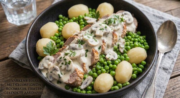Donderdag 5 november - Varkenshaas met champignonroomsaus, erwten, gekookte aardappels