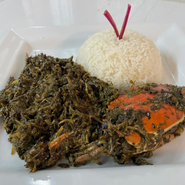 "Rice and Lalo (Jute Leaves Stew)"
