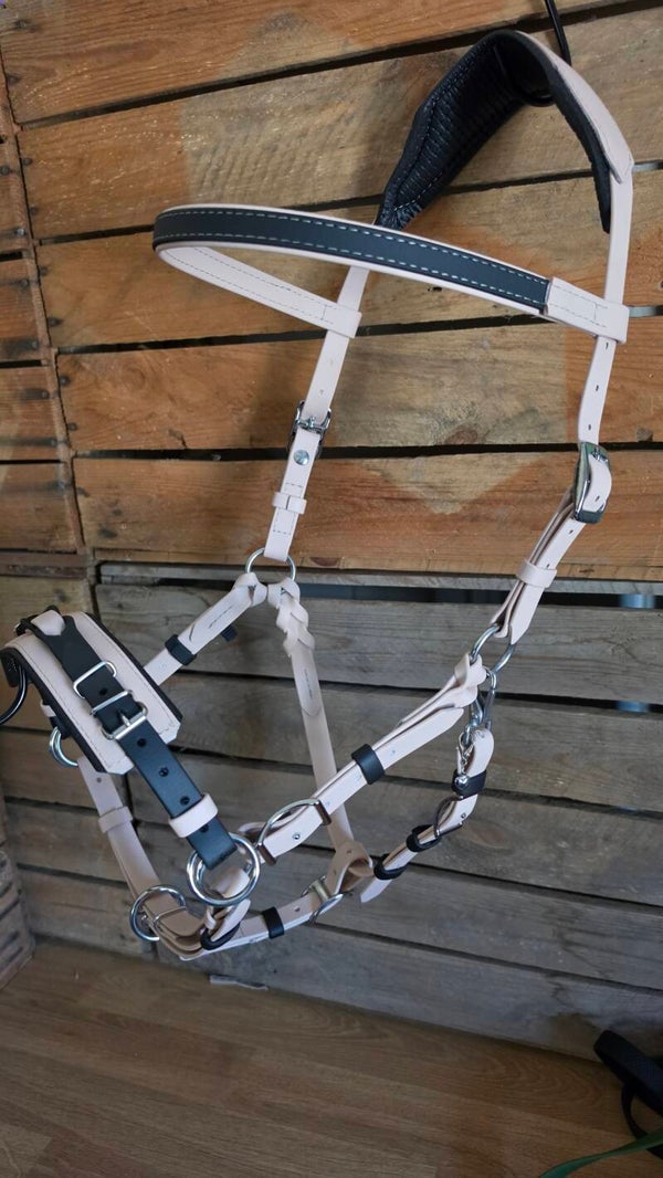 SALE - Multifunctioneel hoofdstel - Maat Cob/Kleine Full - Poederbeige/Zwart - RVS - Gestikt