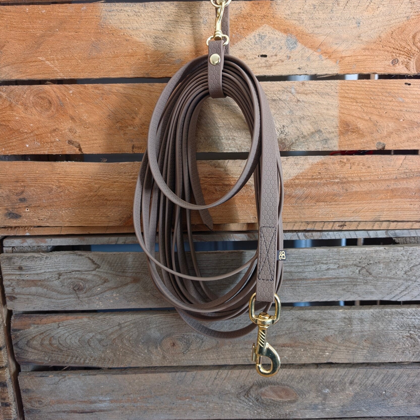 SALE - Lichte Grip longeerlijn - Latte - Messing - 16mm - 6 meter - zonder handvat - Bruin stiksel