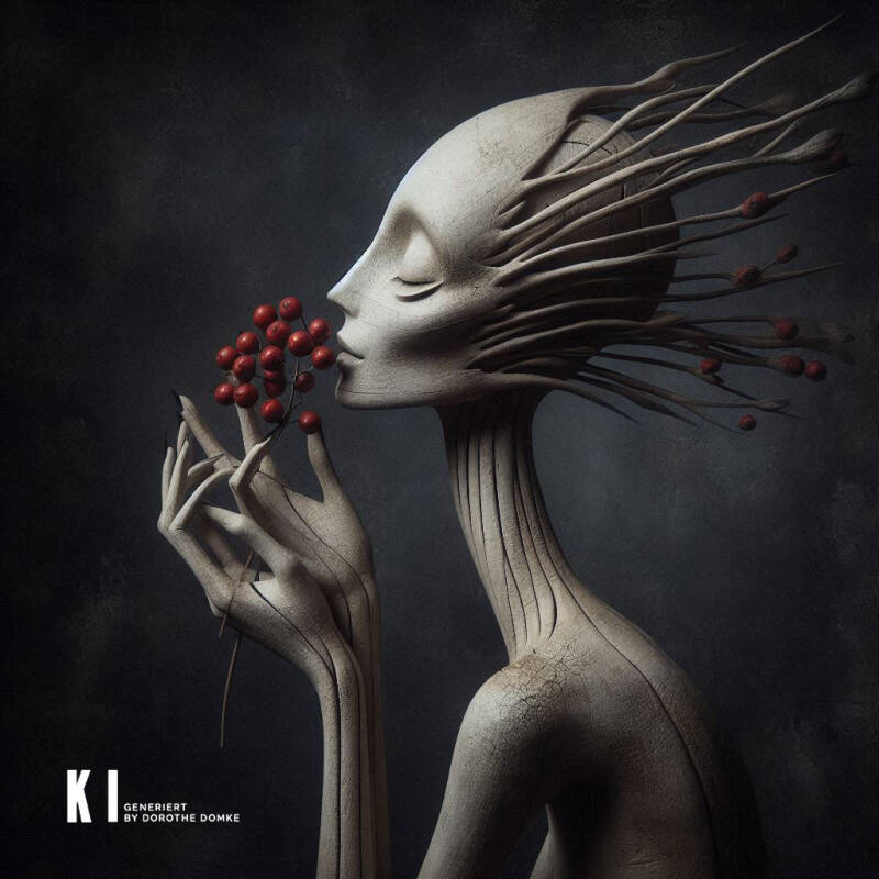 Surreale Holzskulptur einer Figur, die an roten Beeren riecht – Kunstwerk Symbiosis in Red.