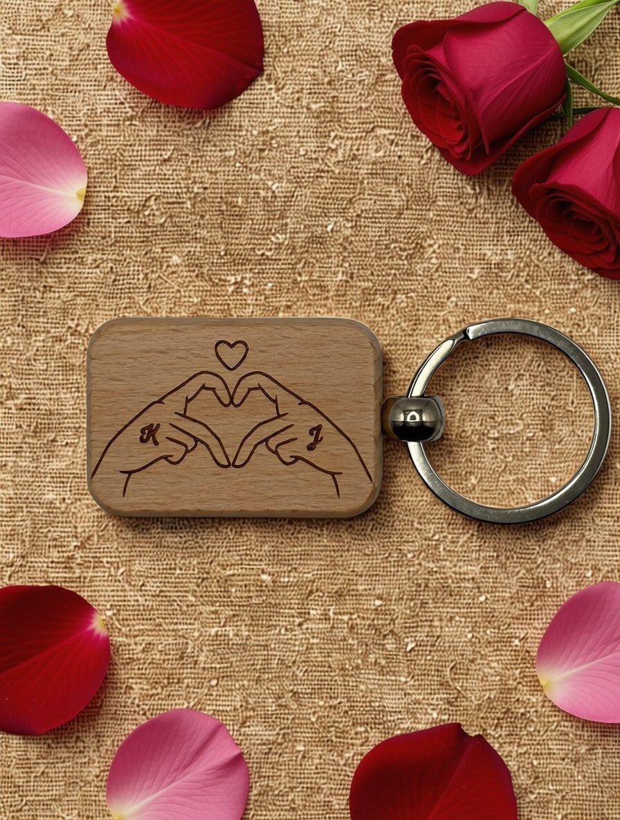 Schlüsselanhänger Holz Herz Hände, Personalisierter Anhänger Pärchen, Geschenk Jahrestag Freund, Gravur Buchstaben Liebe, Partner