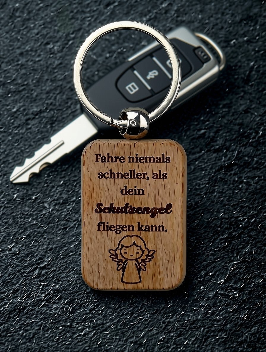 Schlüsselanhänger Schutzengel Holz, Fahre vorsichtig Gravur, Geschenk Führerschein Auto, Personalisierter Anhänger, Glücksbringer