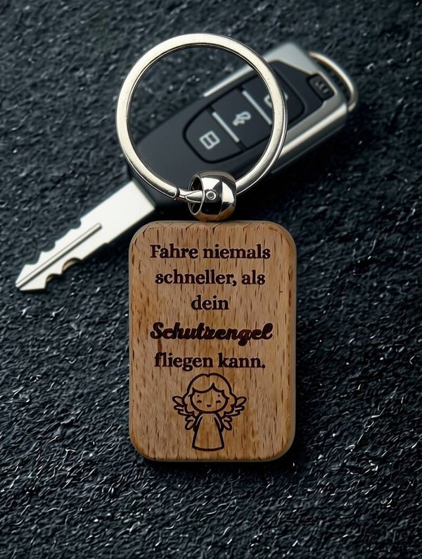 Schlüsselanhänger Schutzengel Holz, Fahre vorsichtig Gravur, Geschenk Führerschein Auto, Personalisierter Anhänger, Glücksbringer