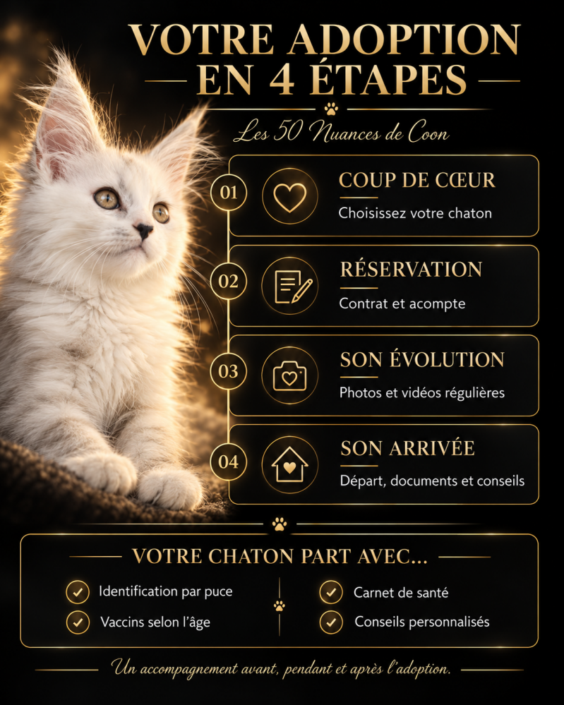 Votre adoption en quatre étapes : choix du chaton, réservation, nouvelles et arrivée dans sa famille.