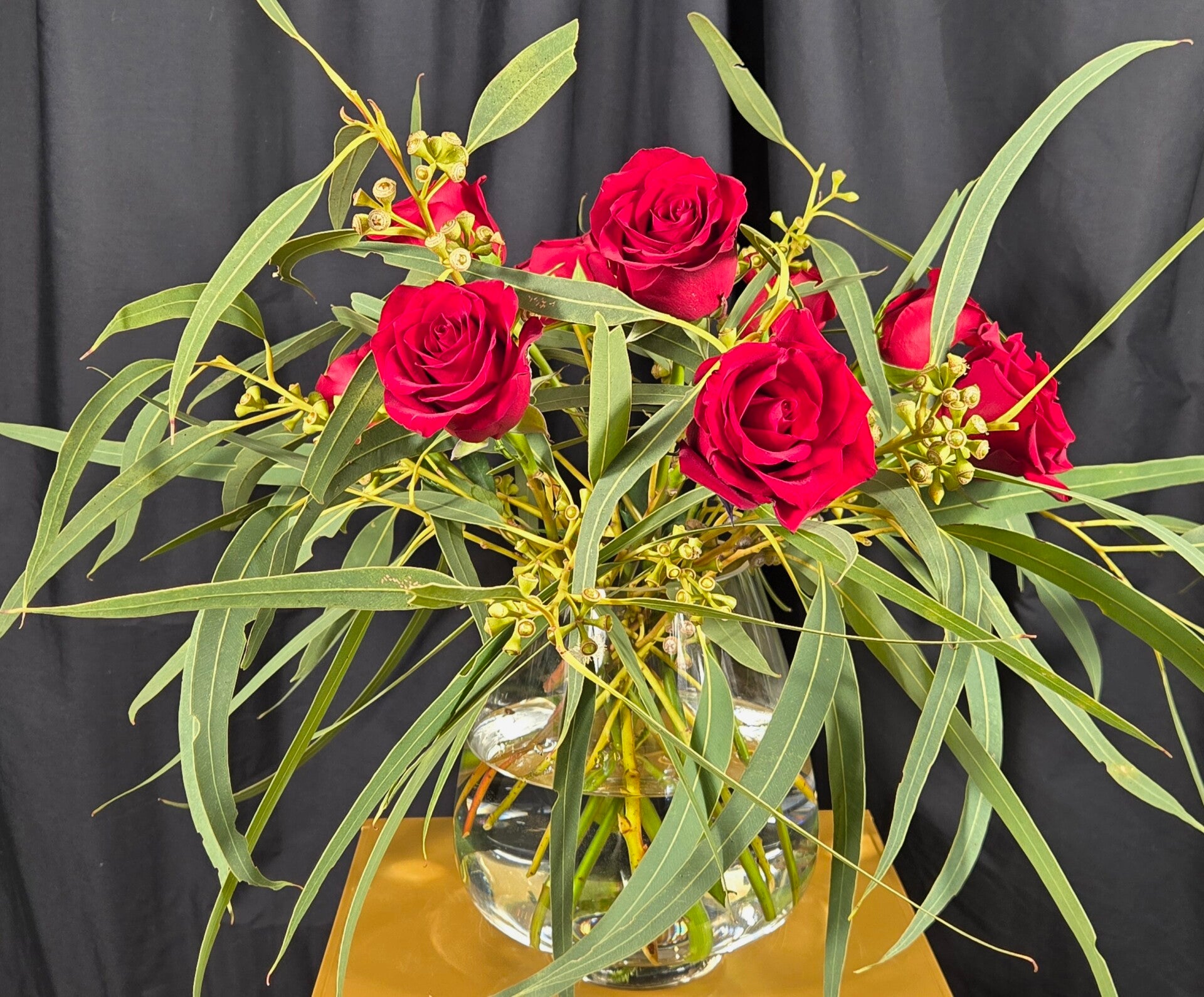 Red Rose & Gum Leaves Vase Arrangement