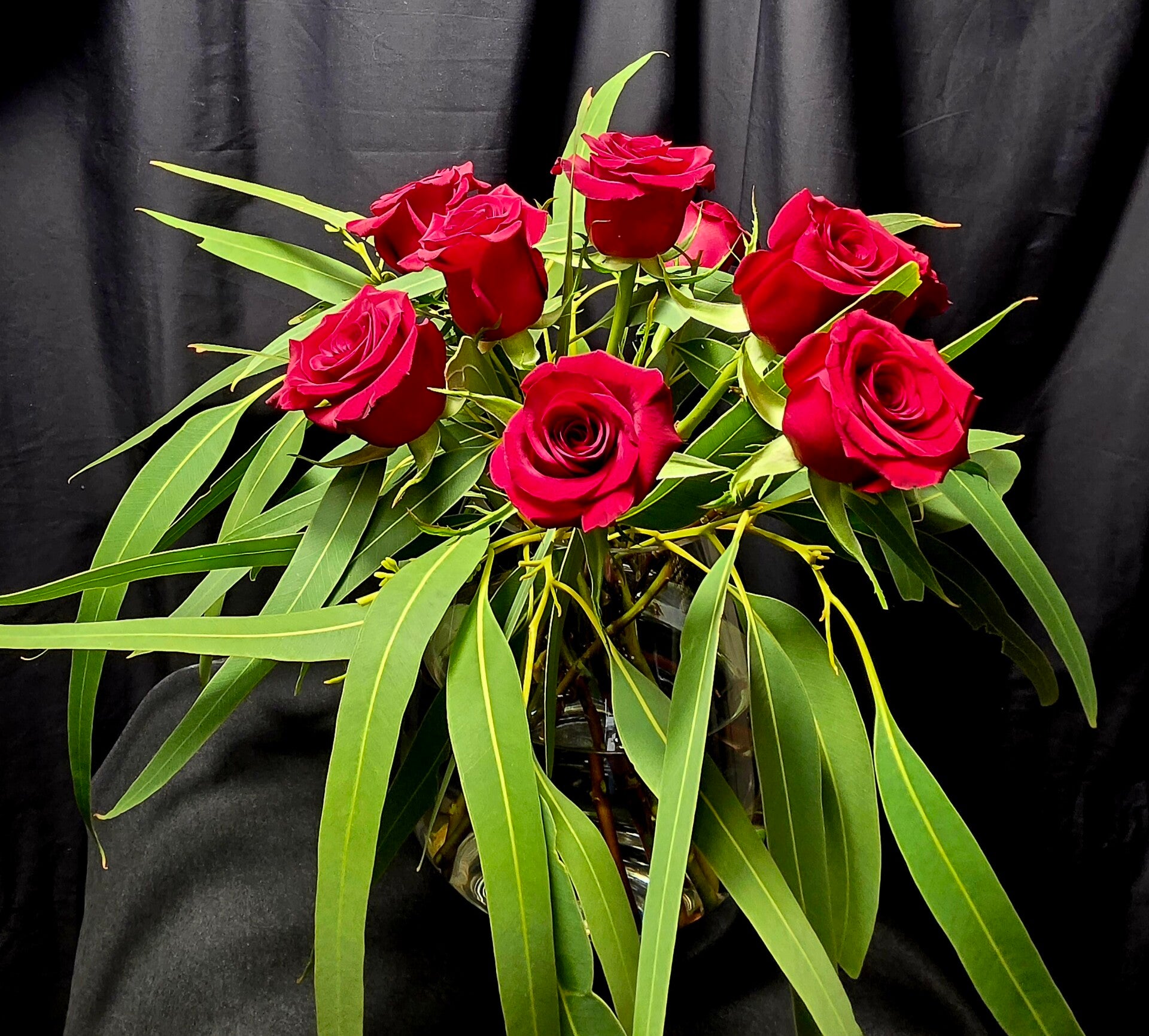 Red Rose & Gum Leaves Vase Arrangement