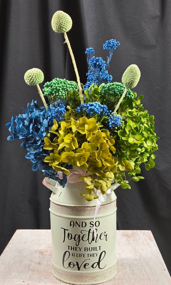 “A Life They Loved” – Preserved Arrangement in Rustic Tin