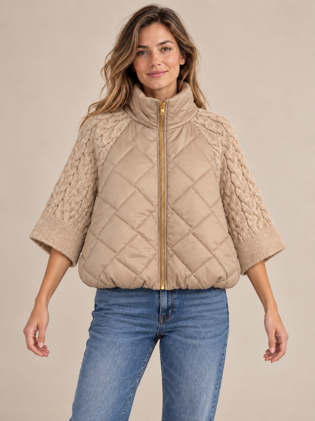 Effen beige jas met gehaakte mouw 224