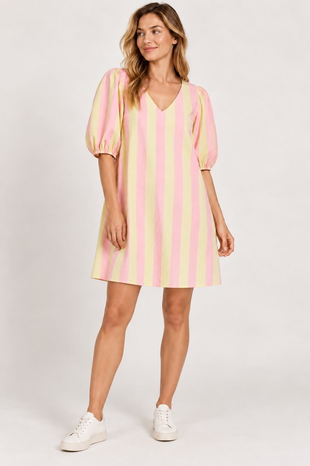 Elegante jurk met streepjes Groen/roze