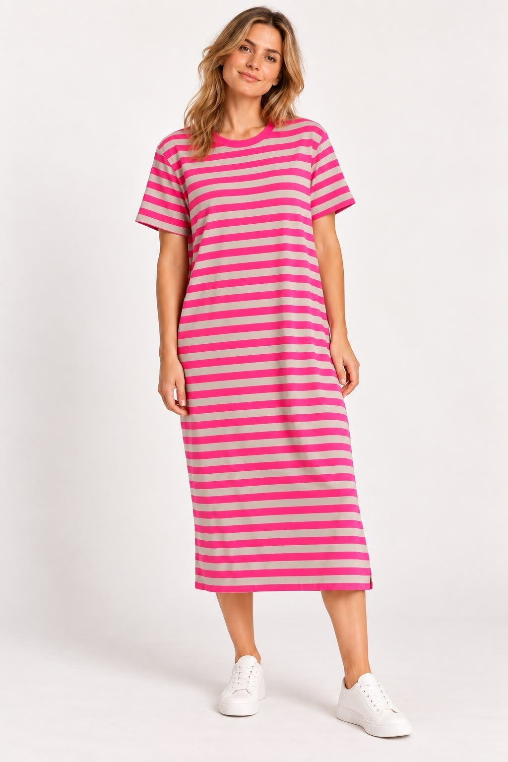 Hele mooie lange jurk met streepjes fel roze/beige