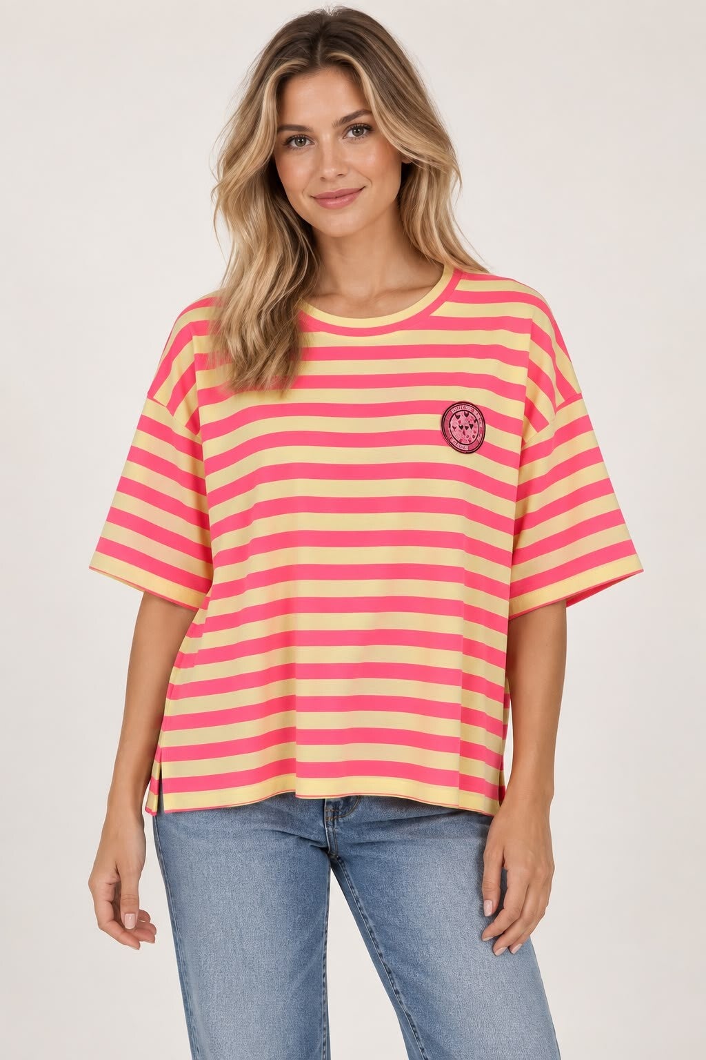 Streepjes t-shirt roze/geel