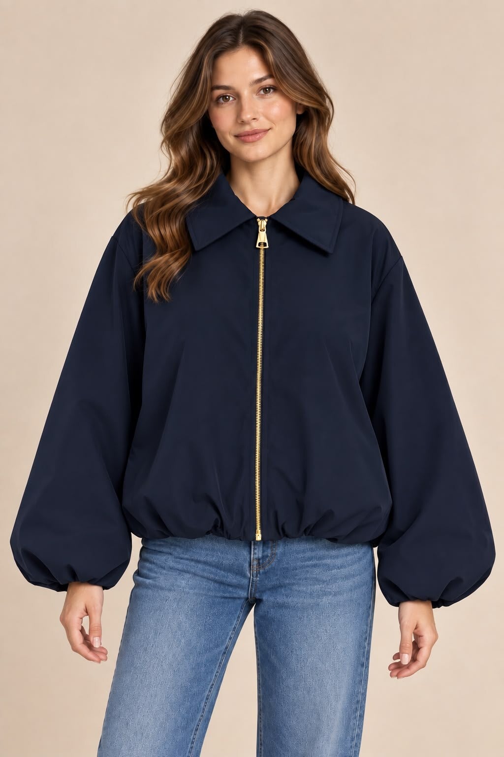 Effen jas met gouden rits donkerblauw 223