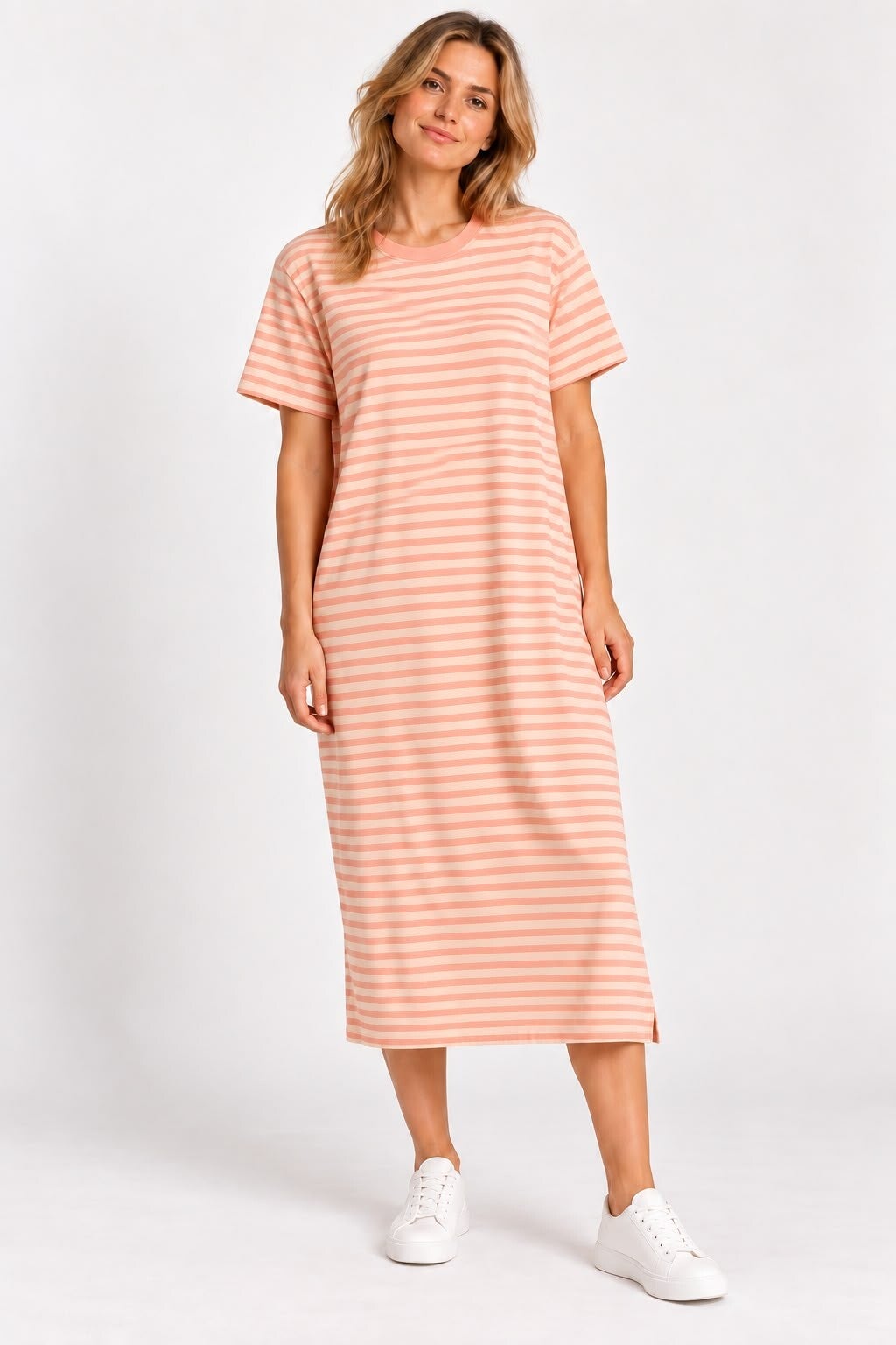 Lange streepjes jurk zalm/beige
